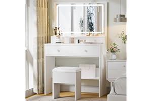 Haewon Makeup Vanity Desk with Mirror and Lights, Vanity Table with 4 Drawers, Charing Station and Storage Chair