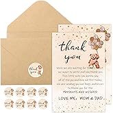 Kisston 50 Sets Bear Baby Shower Thank You Cards 4 x 6 Inch Bear Greeting Cards with 50 Envelopes and Stickers Gift Card for Baby Shower Gender Reveal Birthday Party Favor Supplies for Girl Boy(Brown)