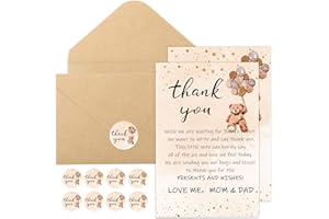 Kisston 50 Sets Bear Baby Shower Thank You Cards 4 x 6 Inch Bear Greeting Cards with 50 Envelopes and Stickers Gift Card for 