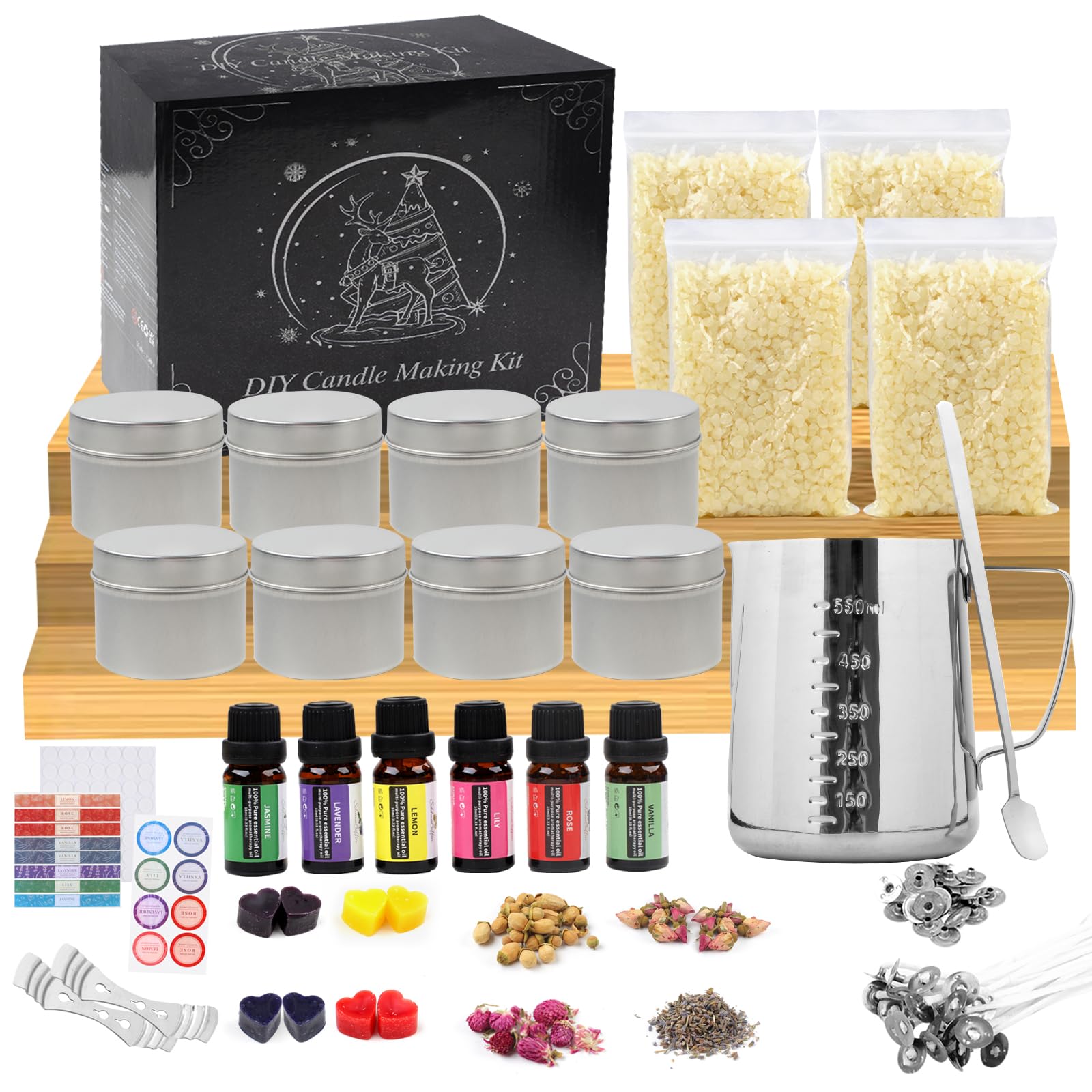 TEPENAR Candle Making Kit - Wax Melt Candle Making Kits for Adults Beginners, 4 Beeswax,8 Candle Tins(Silver),6 Fragrance Oil,8 Dye Blocks,500ml Melting Pot etc Make Your Own Candles