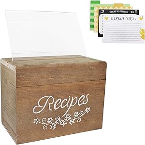 Vintage Wood Recipe Organizer Box, Rustic Brown Wood Recipe Holder Box with 80 4 x 6 inch Double Sided Recipe Cards, 8 Dividers and 1 Clear Card Frame, 6.9 x 3.9 x 5.3 Inch