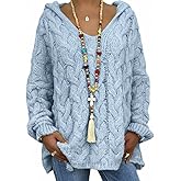 Akivide Women's Oversized Chunky Cable Knit Pullover Hooded Sweaters V Neck Long Sleeve Loose Hoodies