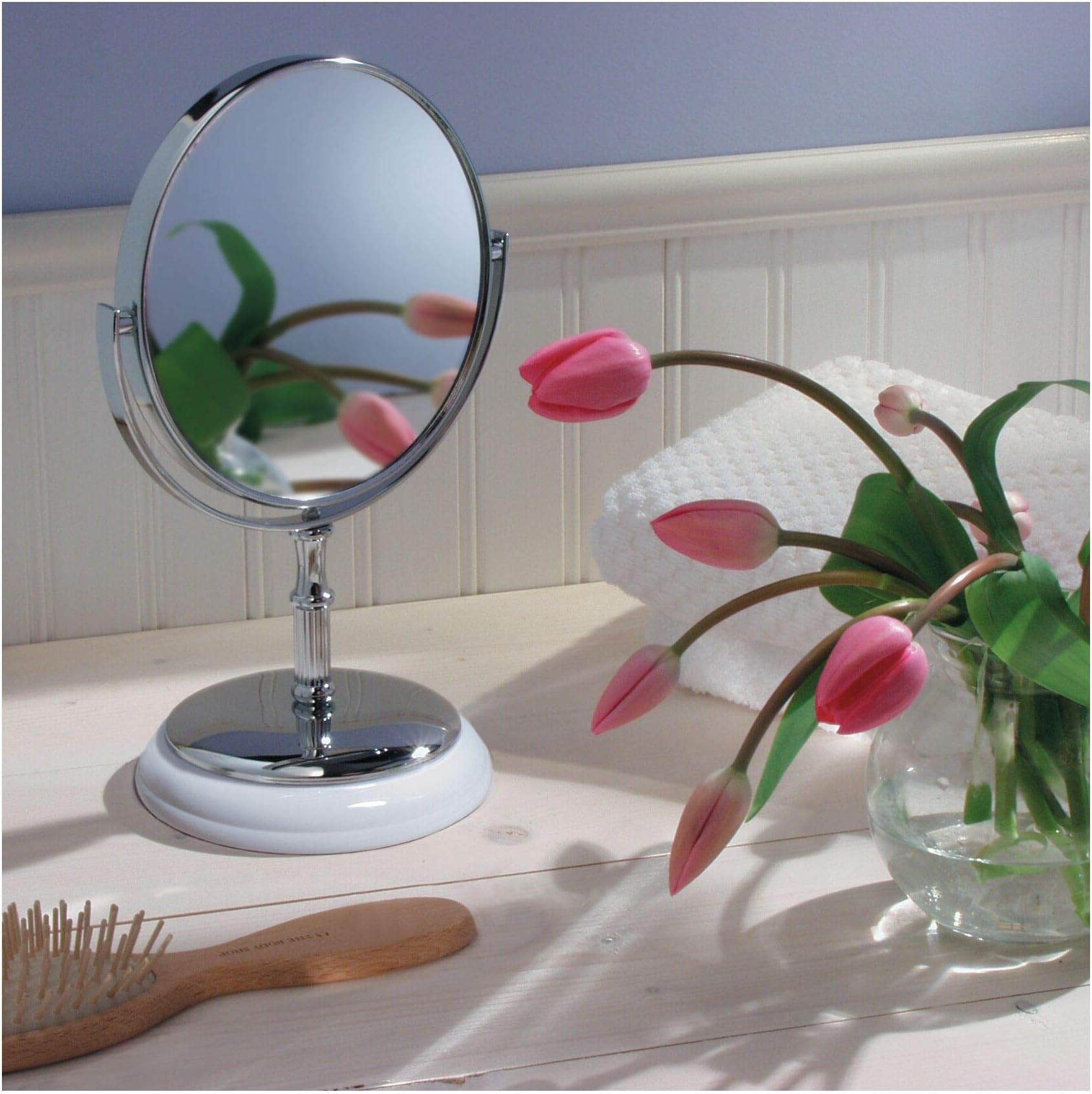 iDesigniDesign York Round Vanity Mirror for Bathroom Countertops - White/Chrome