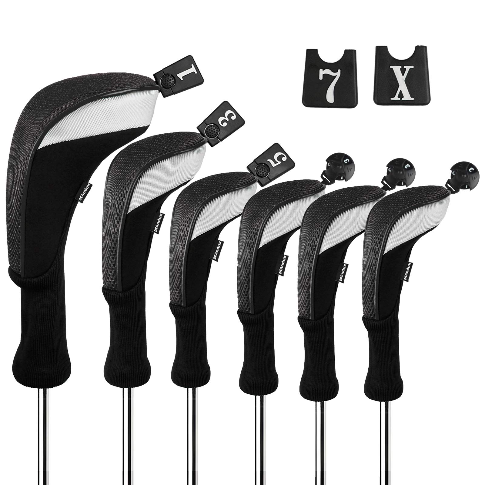 Andux 6pcs/Set Golf Club Head Covers Woods Driver Fairway Hybrid Set Long Neck (3 Hybrid + 3 Woods) Black/Black