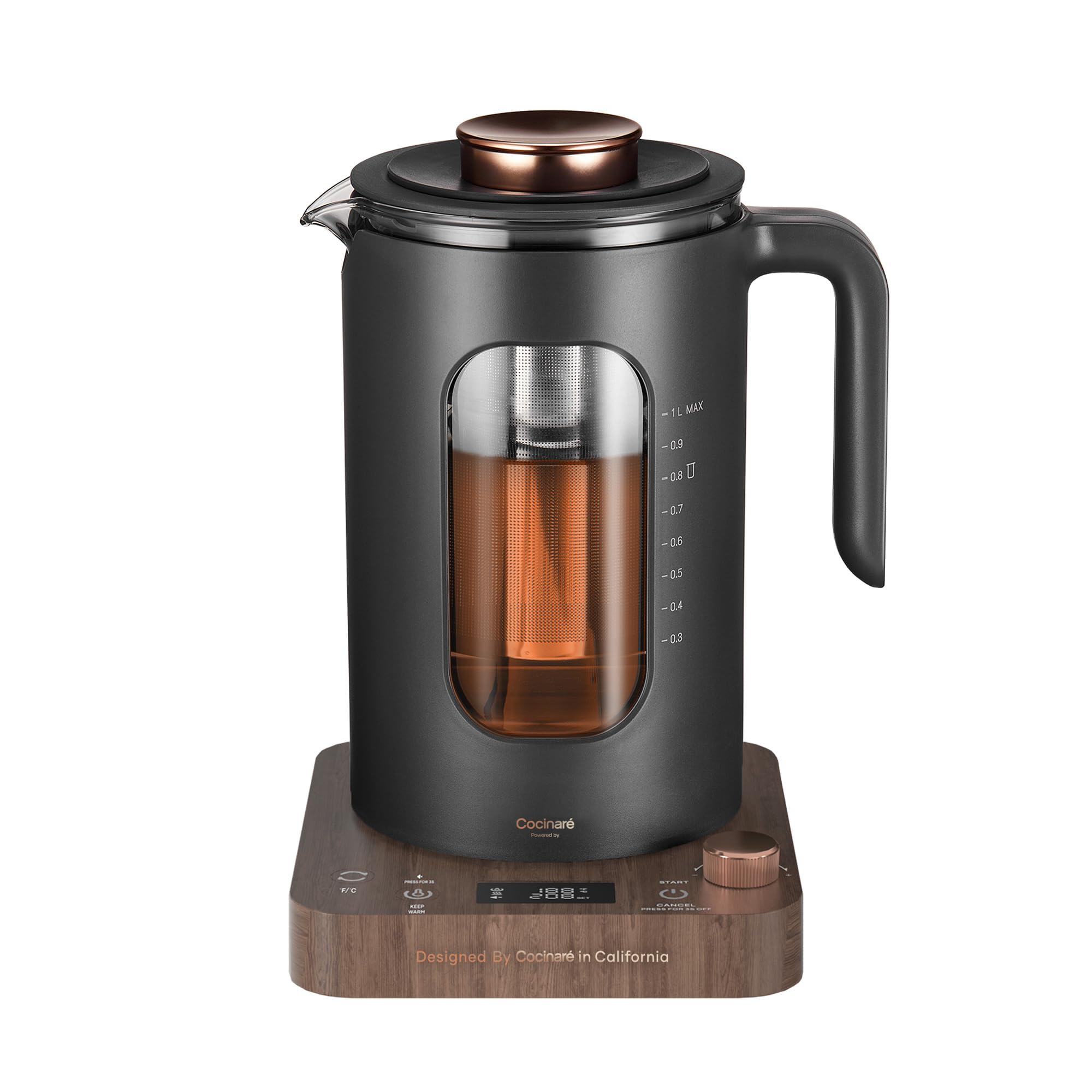 Tetera Eléctrica, INTASTING Hervidor Eléctrico de Vidrio con Infusor de Té y Control Preciso de Temperatura con Perilla, Calentamiento Rápido de 1200W, Sin BPA, Fácil de Limpiar, para Té y Café, 1 Litro (Madera)