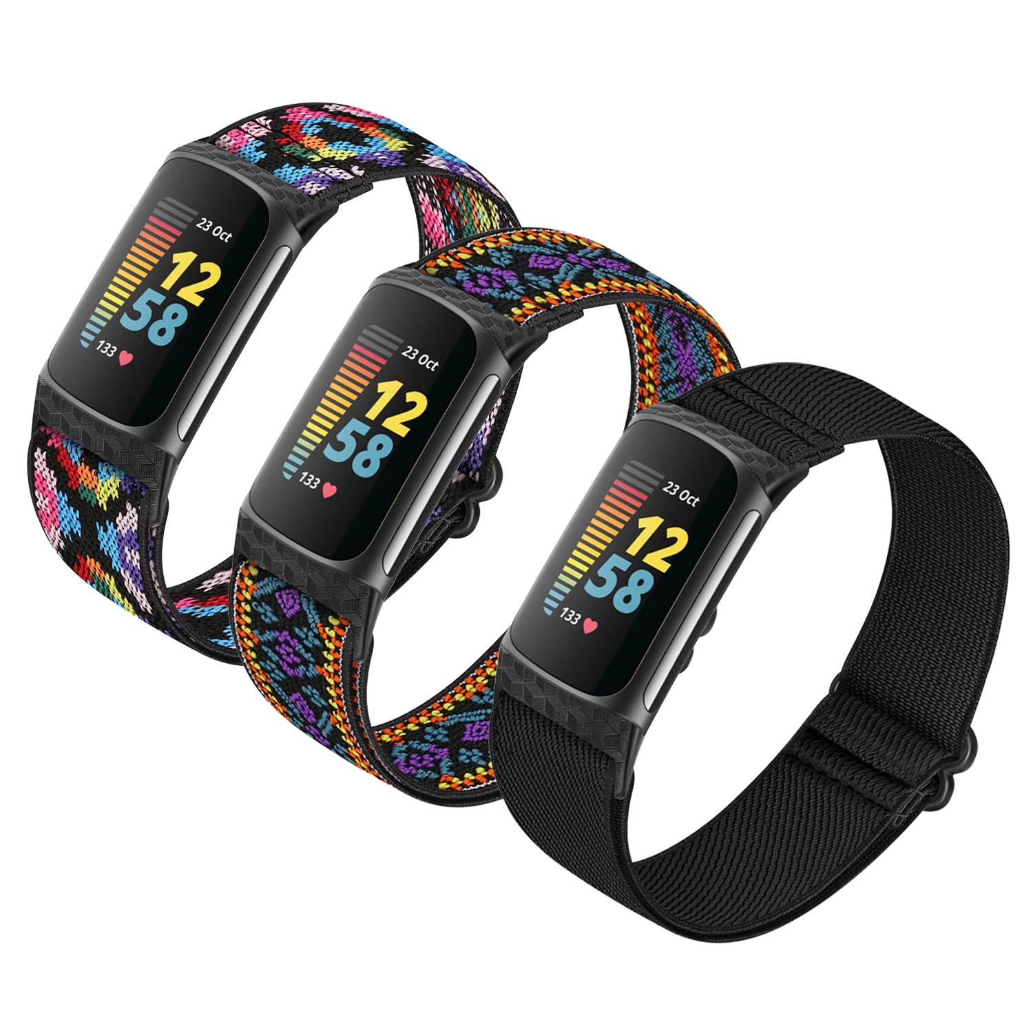 HUYIIO 3 Pack Adjustable Elastic Watch Strap Compatible with Fitbit Charge 5 Straps, Soft Breathable Nylon Sport Band Stretchy Replacement Wristband For Women Men — image 1
