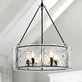 Enjoy the lights 5-Light Dining Room Light Fixture, Black Modern Drum Chandelier with Textured Glass Shade, Adjustable Farmhouse Chandelier for Foyer, Entryway, Kitchen Island, Living Room