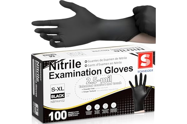 Schneider Medical Black Nitrile Gloves, Powder Free, Disposable Gloves Latex Free for Medical Exam, Food Prep & Cleaning