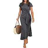ANRABESS Womens Summer Maxi Dress Casual Crew Neck Tie Waist Split Wrinkle-Free Fit Long Fashion Vacation Dresses 2026 Spring