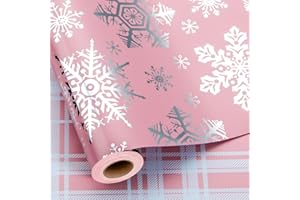 MAYPLUSS Pink Christmas Wrapping Paper, Snowflake Wrapping Paper, Metallic Foil Girly Pastel Snowflake, Plaid Design Christma Gift Wrap for Girl Women Winter Holiday (Mini Roll, 17 Inch X 16.5 Feet)