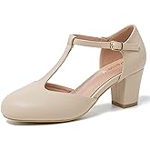 Peijely Women's T-Strap Mary Jane Pumps, Block Heel, Closed Toe, Dress Shoes with Buckle