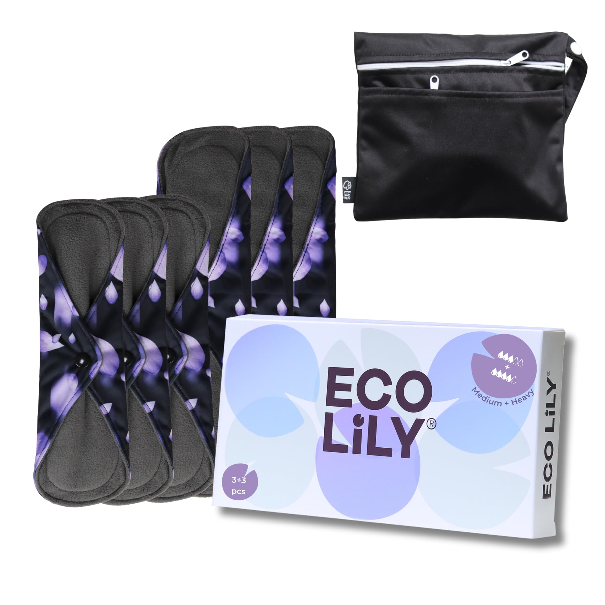 Eco Lily Reusable Sanitary Pads (6Pk for Medium to Heavy Flow) – Odour- Absorbing Charcoal Bamboo Pads for Women Sanitary Towels – Reusable Pads Menstrual with Waterproof Wet Bag