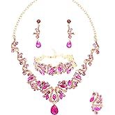 QYJ Jewelry Set for Women, Statement Necklace Dangle Earrings Bracelet Ring, White/KC Gold Plated Jewelry Set with Rhinestone Pearl Crystal Wedding Party Jewelry for Bridal Bridesmaid