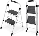 KINGRACK 2 Step Ladder with Non-Slip Wide Pedals White