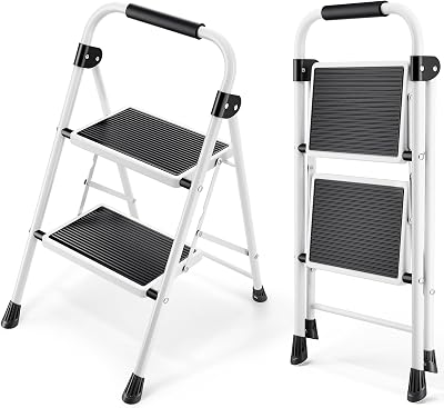 KINGRACK 2 Step Ladder with Non-Slip Wide Pedals White