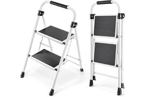KINGRACK 2 Step Ladder, Folding Step Stool with Anti-Slip and Wide Pedal, Lightweight Stepladder with Handrails, Portable for Kitchen, Household, 330LBS, White