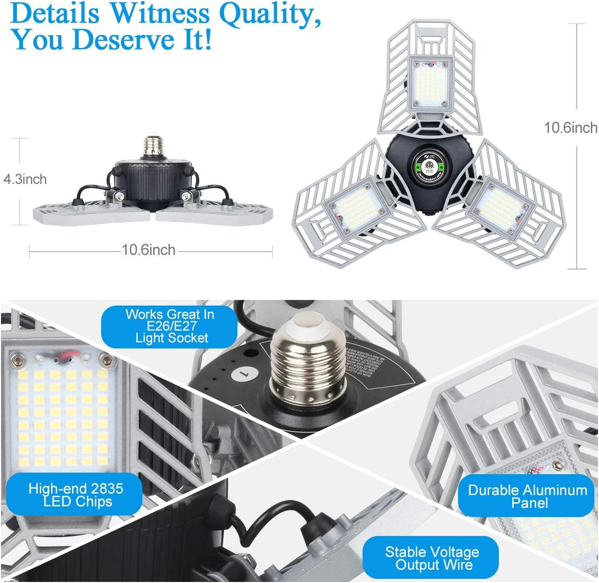 Garage Lights Led Deformable Garage Light Ceiling LED 60W 6000Lumen Flexled Garage Light Tribrite Led Adjustable Light with 3 Panel Led Shop Lights for Garage Ceiling Basement Workshop - - 
