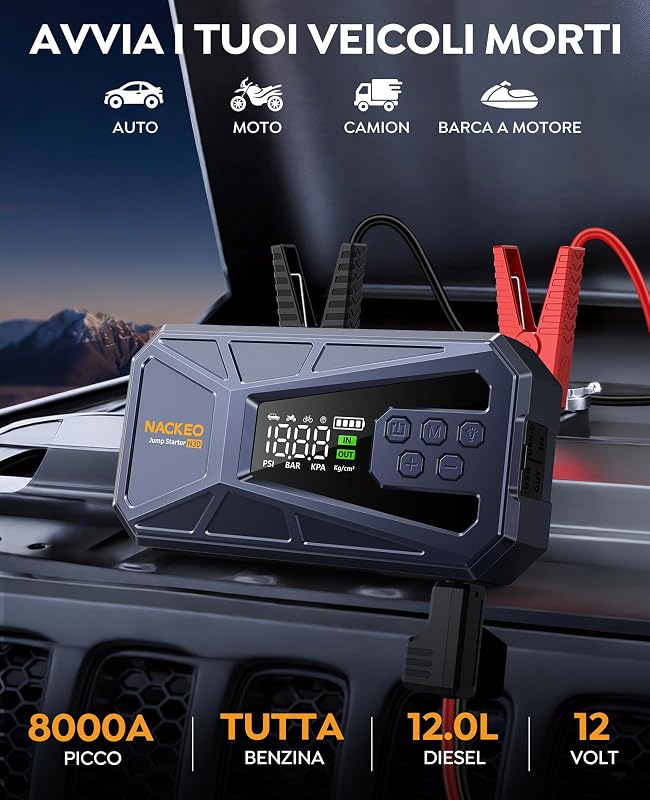 Booster Avviamento Auto, 8000A Avviatore Batteria Auto con Compressore 160PSI(Fino 12.0L Diesel/ALL Gas), Starter Batteria Auto Al Litio 12V, Avviatore Emergenza Per Auto con Torcia a LED, LCD