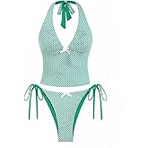 seamoly Vintage Eyelet Jacquard Textured Bowknot Decor Halter Tie Side Tankini Set