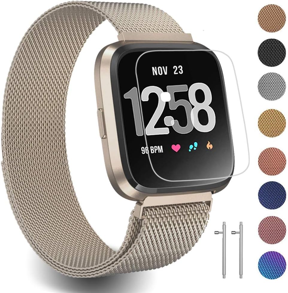 Stainless Steel Replacement Bands Compatible for Fitbit Fitbit Versa/Versa 2 / Versa Lite/SE Bands, Adjustable Metal Bracelet Wristbands for Women Men (Small, Champagne)