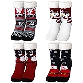Fourluoo 4 Packs Christmas Fluffy Slipper Socks Sherpa Thermal Socks with Grippers Non Slip Fuzzy Slipper Socks Christmas Winter Socks Gift for Women Men(Size 3-5,Classic Style)