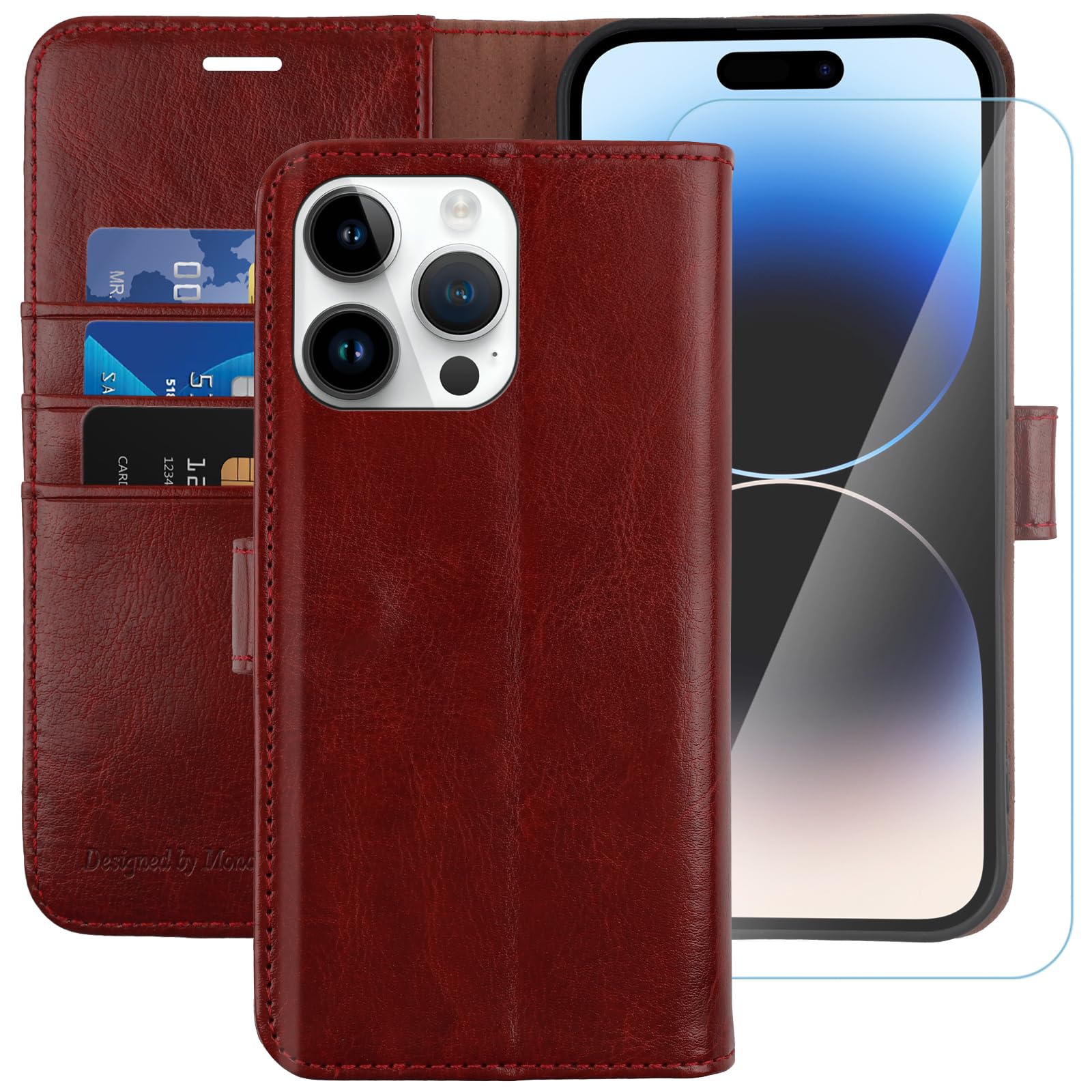 Photo 1 of MONASAY Wallet Case Compatible for iPhone 14 Pro Max 5G, 6.7-inch, [Glass Screen Protector Included] [RFID Blocking] Flip Folio Leather Cell Phone Cover with Credit Card Holder, Burgundy