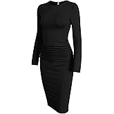 Missufe Women's Long Sleeve Slim Ruched Bodycon Dress 2025 Trendy Fall Casual Round Neck Sheath Knee Length Outfits Clothes