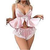 RoseSeek Women's 2 Piece Lingerie Set Floral Lace Tie Back Satin Bow Front Lingerie Pajama Set Sleepwear