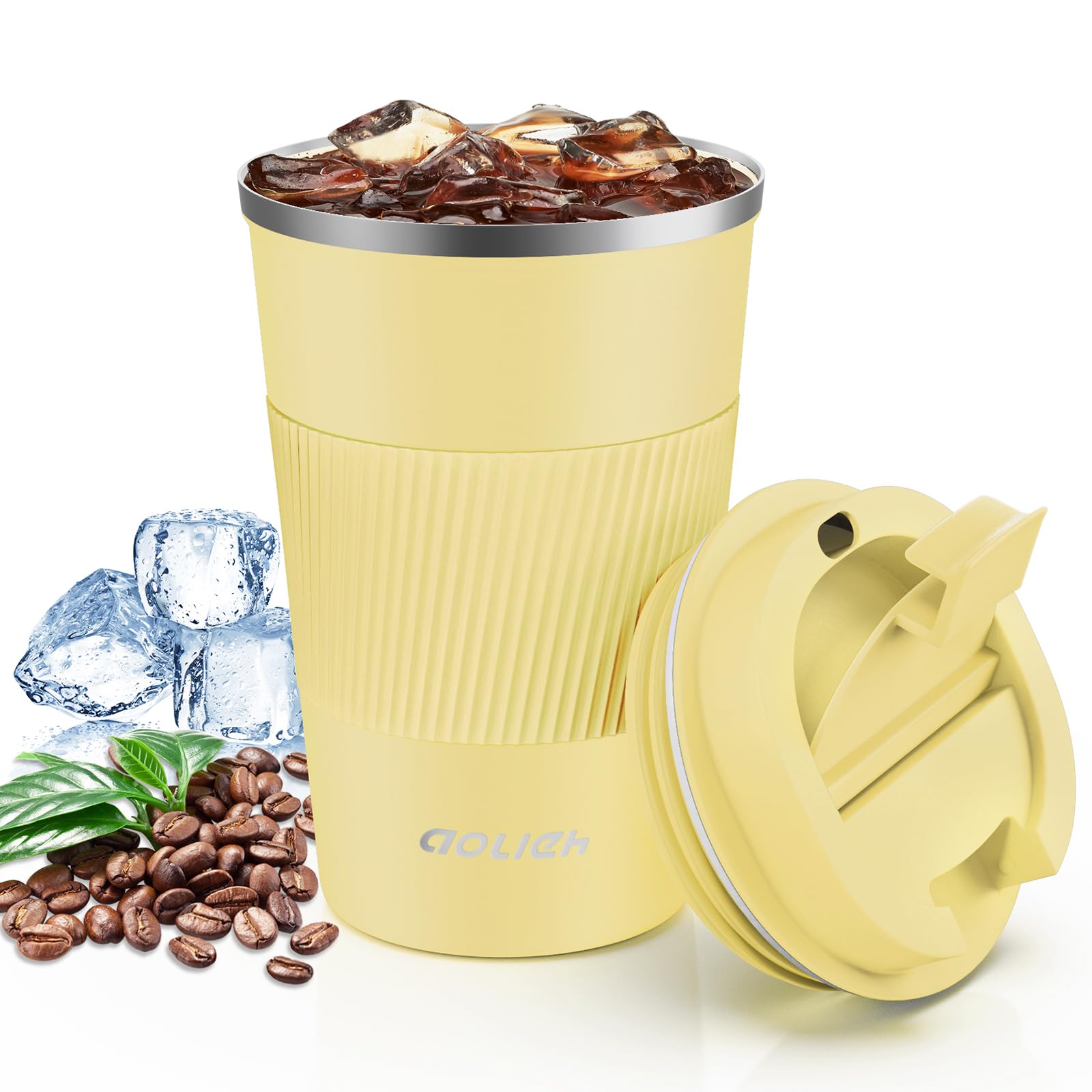 Aolieh Travel Mug 380 ml, Insulated Coffee Cup with Lid, Reusable Stainless Steel Thermal Cup for Coffee, Tea & Cold Drinks, Leak-Resistant Double-Walled Travel Mug, Yellow