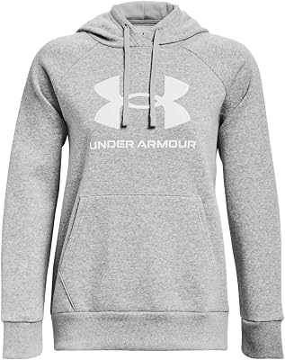 UA Rival Fleece Big Logo Hoodie Sudadera para mujer de corte suelto, cómoda sudadera con capucha y logotipo, color gris claro jaspeado/blanco