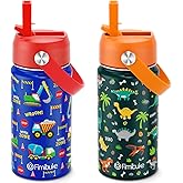Fimibuke Kids Insulated Water Bottle, 14oz BPA FREE Double Wall Vacuum Tumbler 18/8 Stainless Steel Leak Proof Kids Cups with Straw Metal Bottles for School Boys Girls (2 Pack, Trucks/Green Dinosaur)
