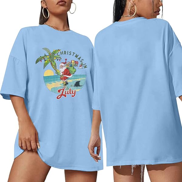 CHRISTMAS JULY SHIRT HAWAIIAN SHIRTS: WOMEN CHRISTMAS SANTA XMAS LIGHTS GRAPHIC TEE SUMMER BEACH VACATION OVERSIZED TOPS BLUE
