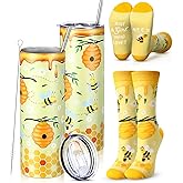 Funnymoom 2 Pack Bee Themed Party Gifts Set Skinny Tumbler 20 oz Travel Coffee Mug Socks Novelty Cute Animals, Honey Christmas Birthday for Lovers Party