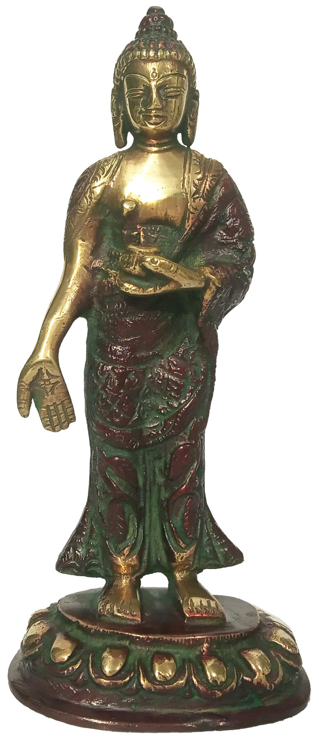 Purpledip Brass Idol Standing Buddha: Collectible Statue in Red Gold Finish (12159)