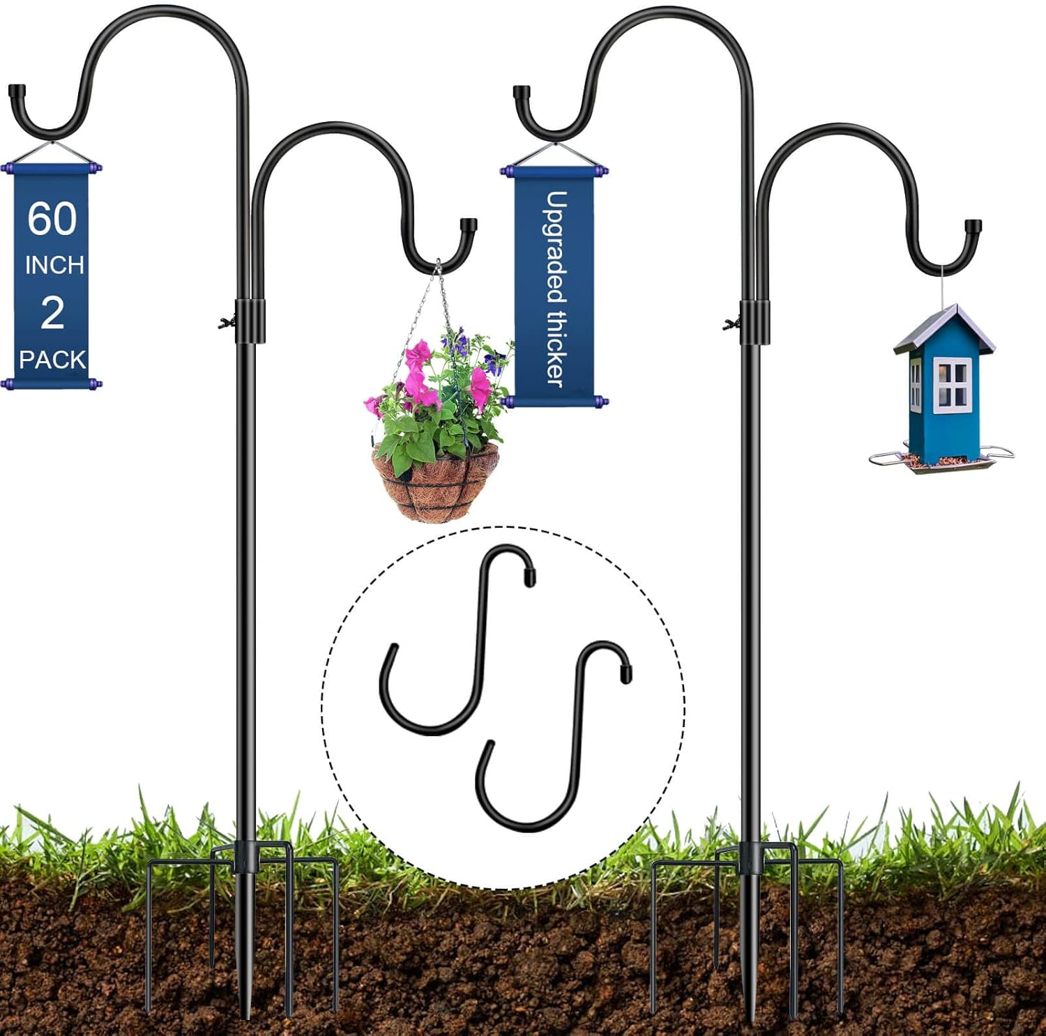 Outdoor Shepherd's Hooks - Fenfwn 2 Pack 60 Inch Shepherds Hooks for Outdoor, Sturdy Bird Feeder Pole, Adjustable Garden Hook with 5 Prog Base, for Hanging Hummingbird Feeder, Plant Baskets, Wedding