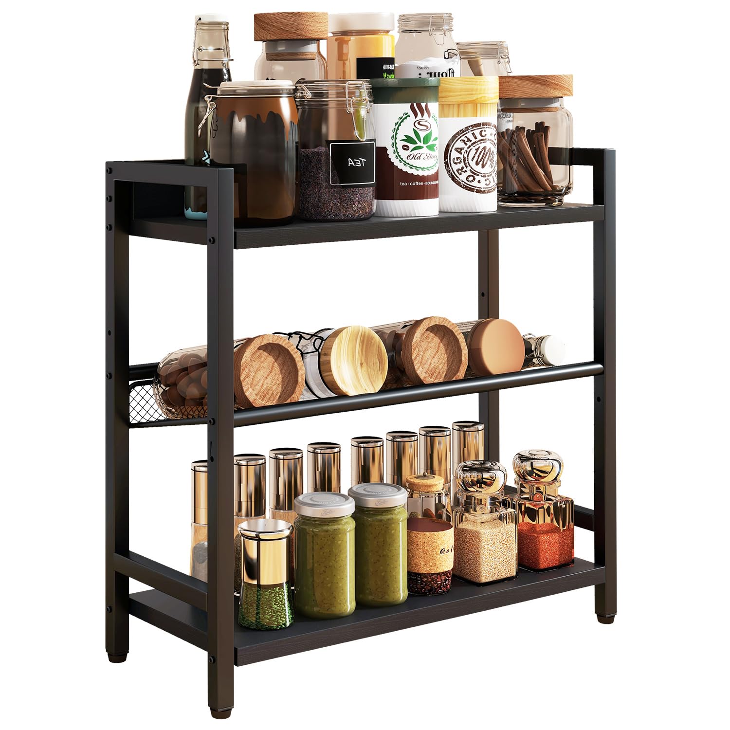 Photo 1 of IBUYKE 3-Tier Spice Rack Industrial Counter Shelf Desktop Storage Organizer Standing Seasoning Rack for Countertop Kitchen Office Living Room Desktop Black UTLJ021B