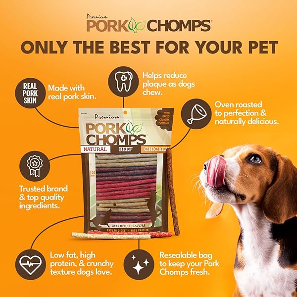PORK CHOMPS DOG CHEWS, 5 INCH MUNCHY STICKS, 100 COUNT – ASSORTED FLAVORS: ROASTED PORK, CHICKEN, & BACON – LONG-LASTING TREATS FOR DOGS – HIGH PROTEIN, LOW FAT, HEALTHY & DELICIOUS CHEWS (1 PACK)