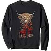 Cute Highland Cow Wearing Buffalo Plaid Scarf Farming Farmer Sweatshirt