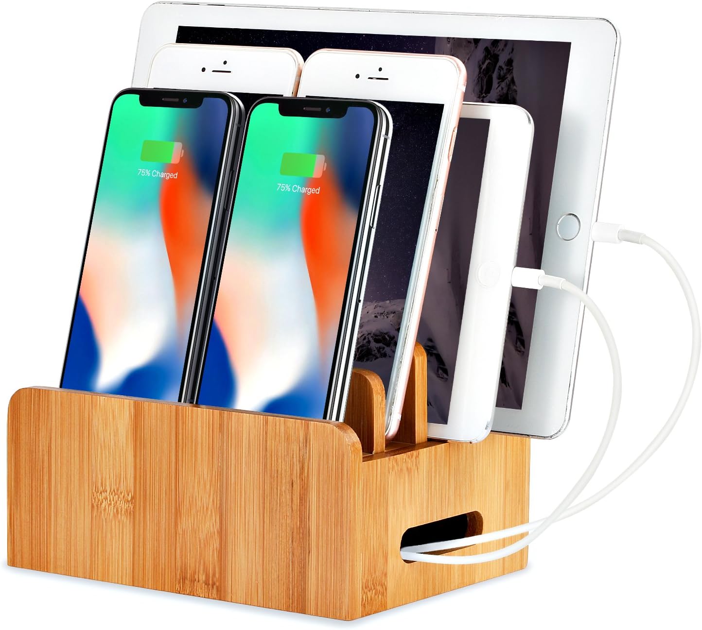 Charging Station 4-Ports for Multiple Devices – LEVIN Natural Bamboo Charging Station Rack Dock Organizer Eliminate Clutter for Smart Phones, Tablets and More