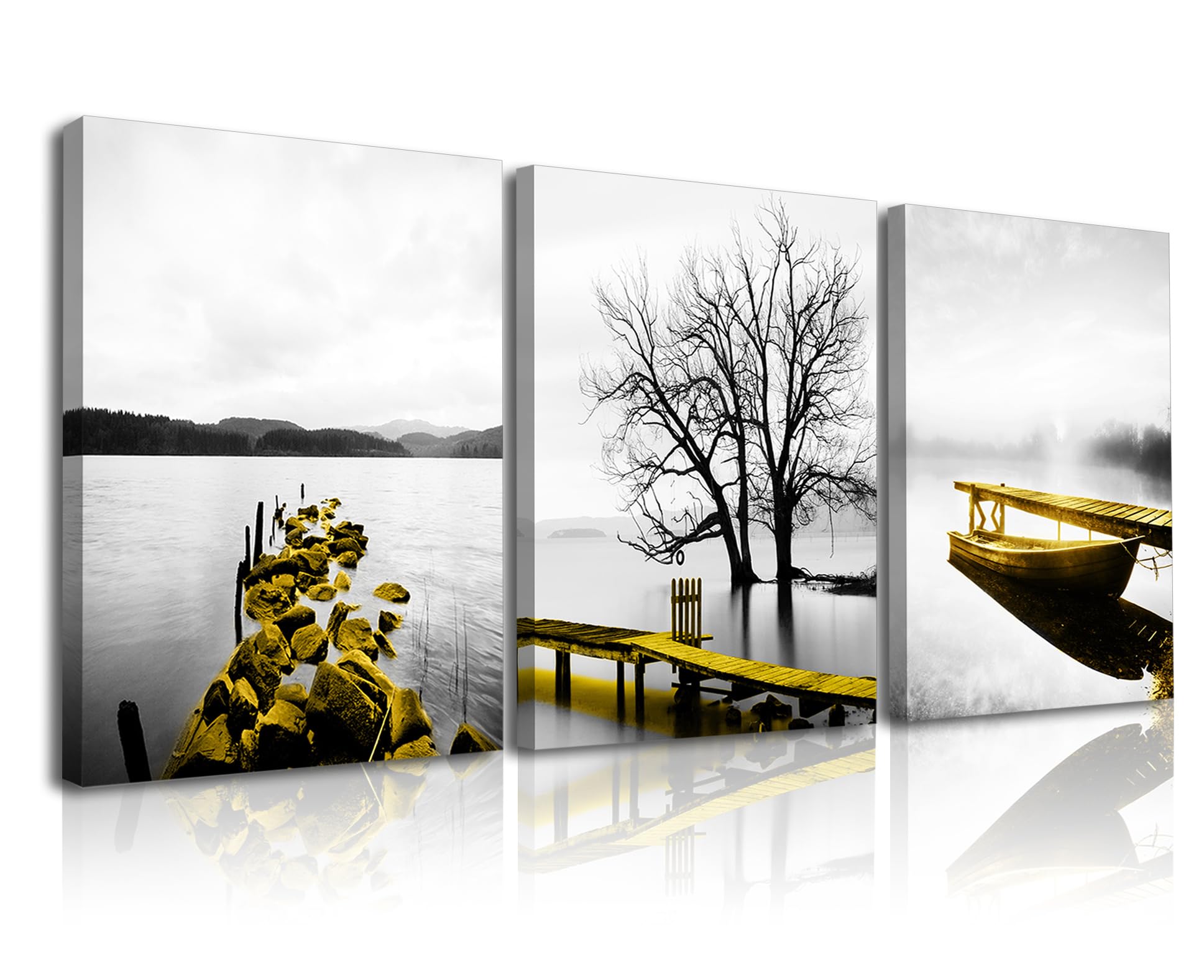Piy Painting 3 Pieces Modern Canvas Painting Wall Art For Home Decoration Landscape of Shoreside Boat on the Lake in Winter Scenery Print On Canvas Artwork Stretched and Framed For Room Gift 12x16inch