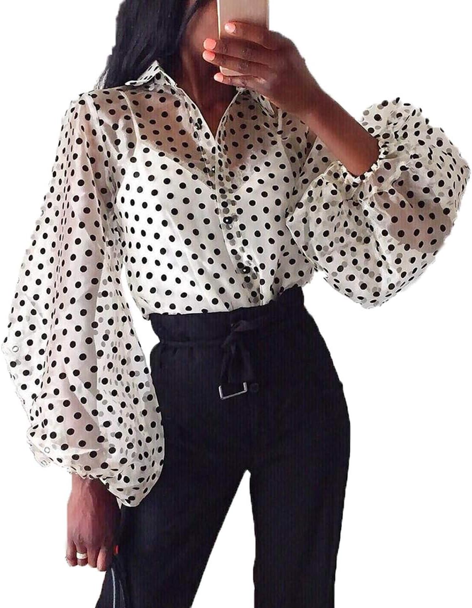 Women‘s Button Down Sheer See-Through Long Puff Sleeve TopsChiffon Casual Blouse Club T Shirts