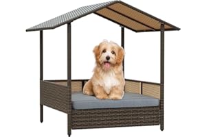 LEMBERI Outdoor Rattan Dog House with Canopy, Indoor Dog Bed for Small/Medium Dogs with Removable Cushion, Washable Cover, Dog Shelter for Patio, Deck, Yard, Pool, Brown