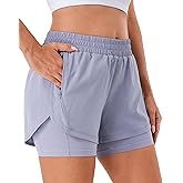 Stelle Women 2 in 1 Running Shorts High Waisted Athletic Shorts Gym Workout Shorts with Liner Zipper Pockets