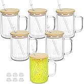 Maucircol 15 Oz Pre-Drilled Glass Snow Globe Tumbler with Handle, 6 Pack Double Wall Snowglobe Cup Coffee Mug For Snow Globe Diy Glitter, Clear