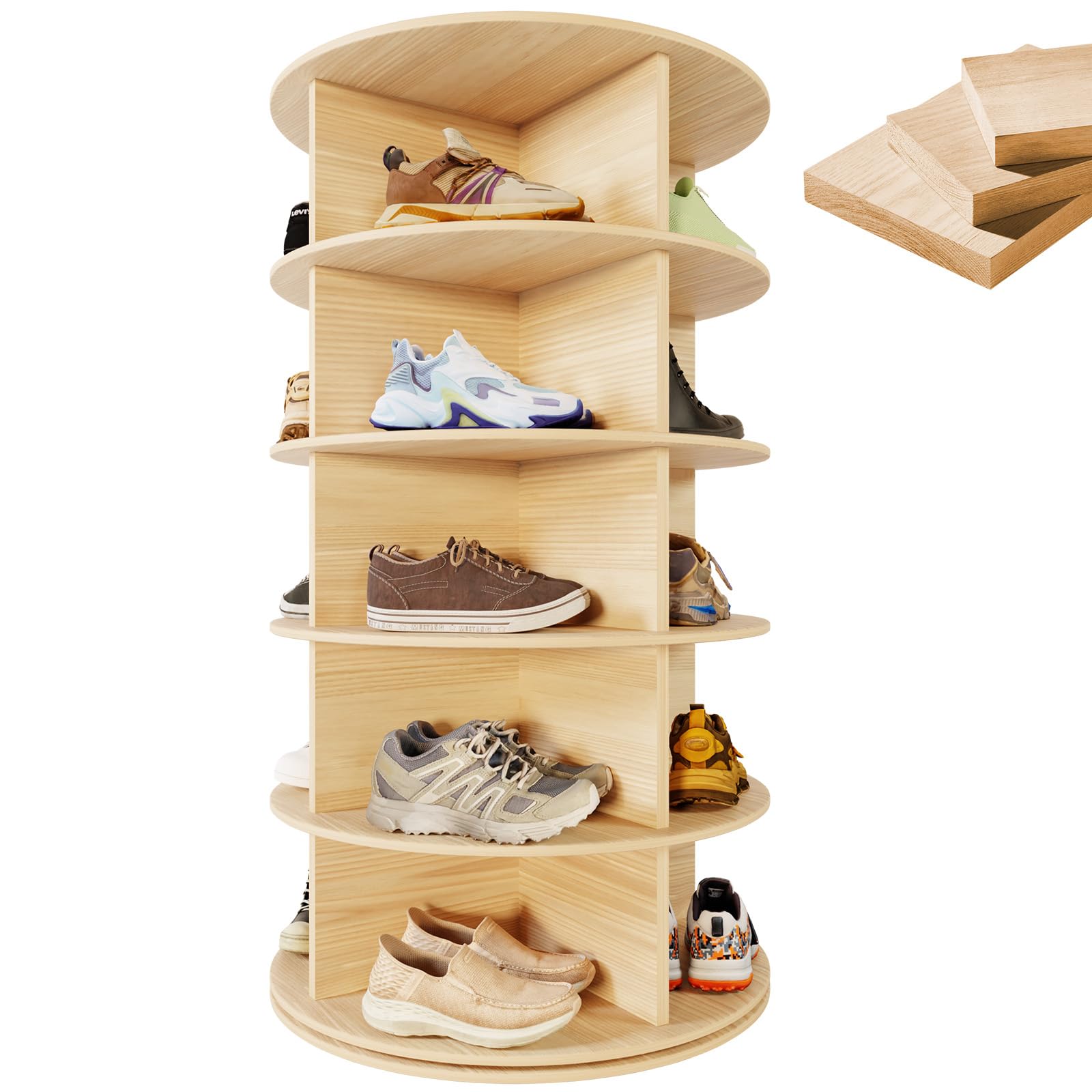 Photo 1 of TOCRETOARE Rotating Shoe Rack Tower, 5-Tier 28" Wide Solid Pine Wood Spinning Shoe Display 360° Lazy Susan Shoe Rack, Revolving Shoe Stand, Shoe Rotating Organizer for Closet Shoes and Handbags