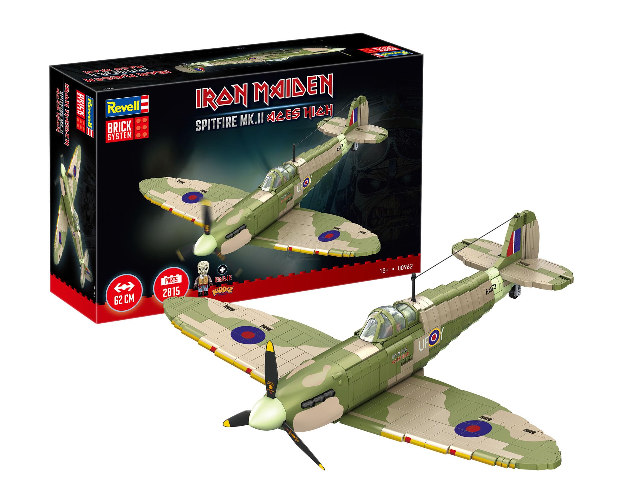 Revell Brick System Iron Maiden Spitfire MK.II Aces High | Klemmbaustein Set 1:18 mit 2802 Teilen | mit Eddie Pilot Figur, beweglichem Propeller & Cockpit | ab 18 Jahren