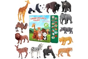 Tudoccy Safari Animals Figures Toys - 13 Realistic Wild Plastic Animal Figurines & Kids Sound Book - Educational Learning Toys Gift for 3 Years Old & Up Boys Girls Toddlers