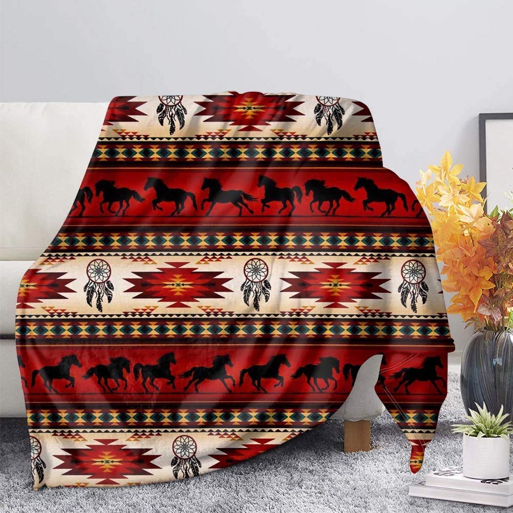 COEQINE Flannel Throw Blanket Soft Warm Lightweight Throw Blankets for Kids,Native American Tribal Horse Pattern Red Blankets for Couch Bed Sofa — image 1