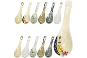 Cididu Set of 12 Asian Soup Spoons Ceramic, Retro Japanese Soup Spoons, Delicate Chinese Serving Spoons, Porcelain Ramen Spoo