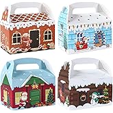 Patimate 24pcs Christmas Cookie Boxes for Gift Giving, 4 Style 3D Xmas House Cardboard Treat Boxes with Handles for Christmas Goodie Candy Holiday Party Favor Supplies